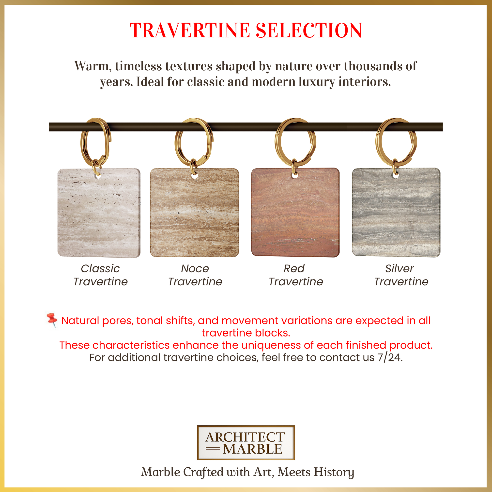 Four square travertine samples with gold rings on a white background, featuring Architect Marble branding.