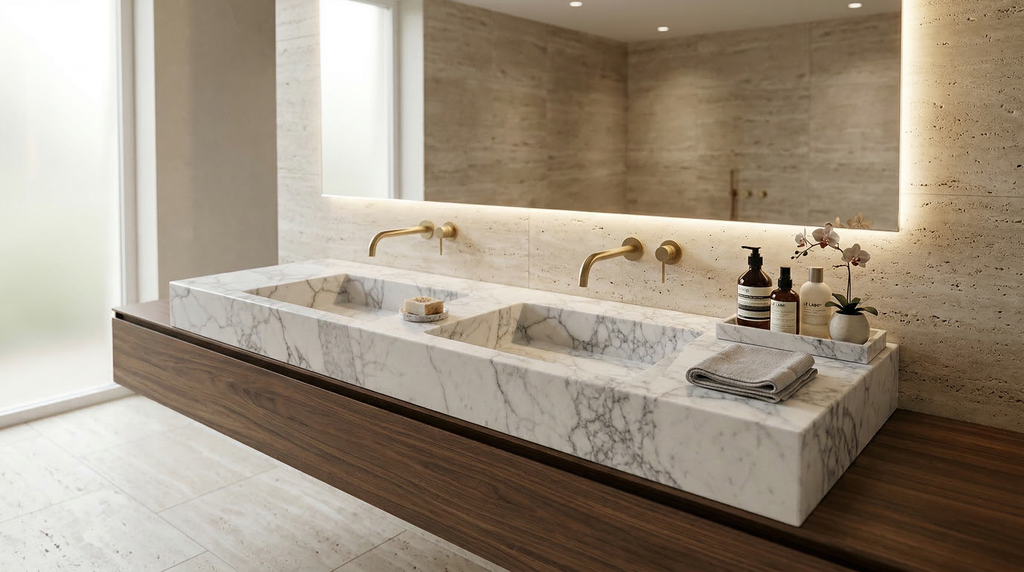 Handcrafted Double Arabescato Marble Sink– AMSK26001